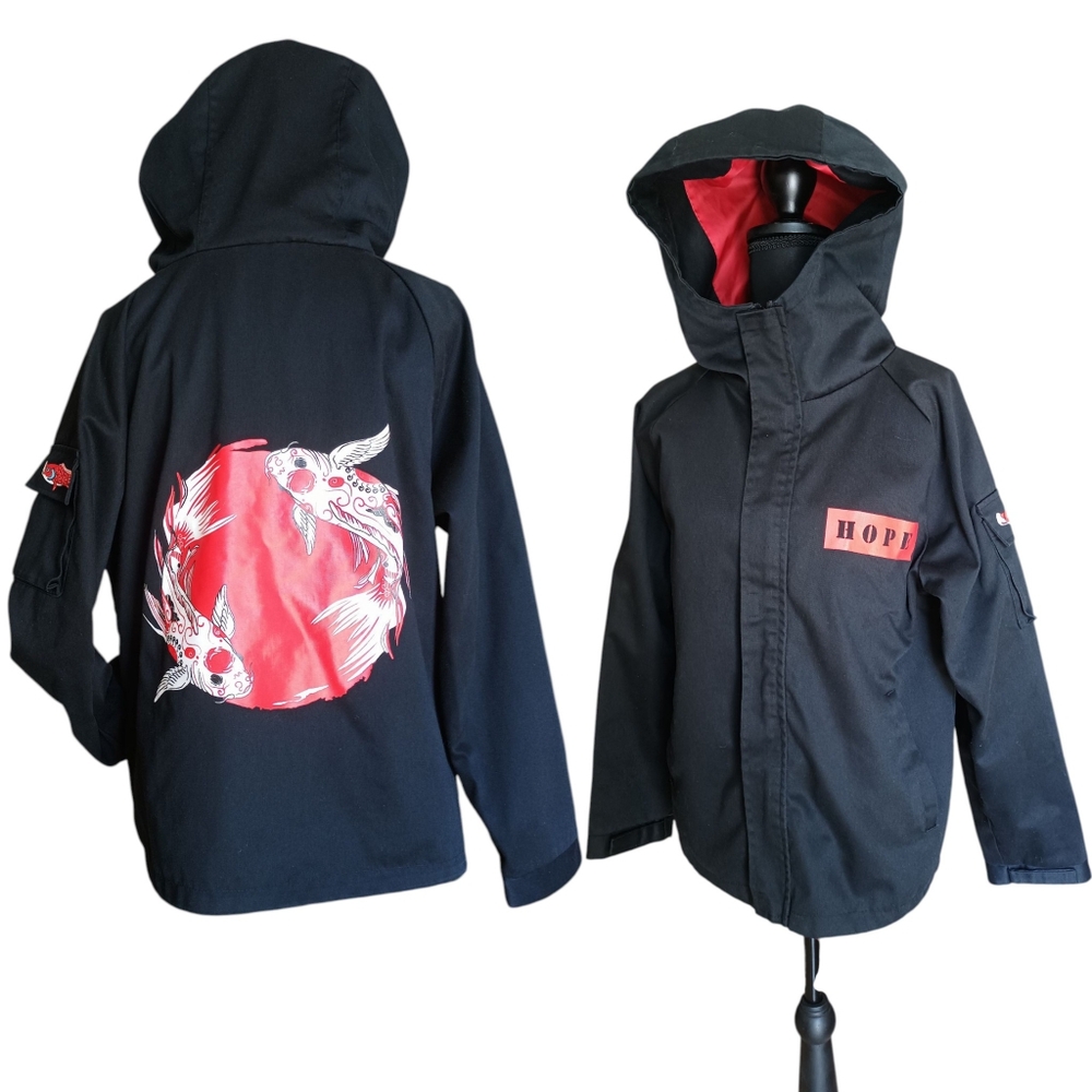 Duppo Black Red Koi Fish Hooded Streetwear Jacket Unisex S